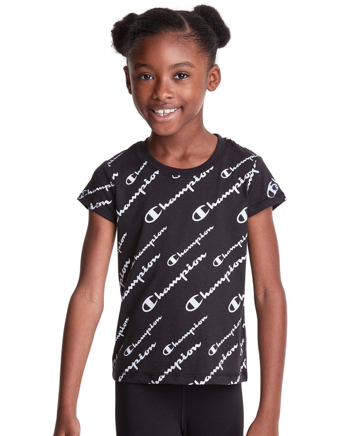 Champion Classic All Over Logo Black T-Shirt Girls - South Africa RHXIST705